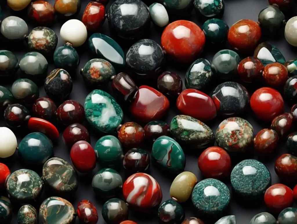 Mixed African Bloodstone tumbled beads with red and green patterns