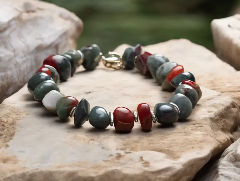 Elastic African Bloodstone bracelet with clasp, styled on stone background