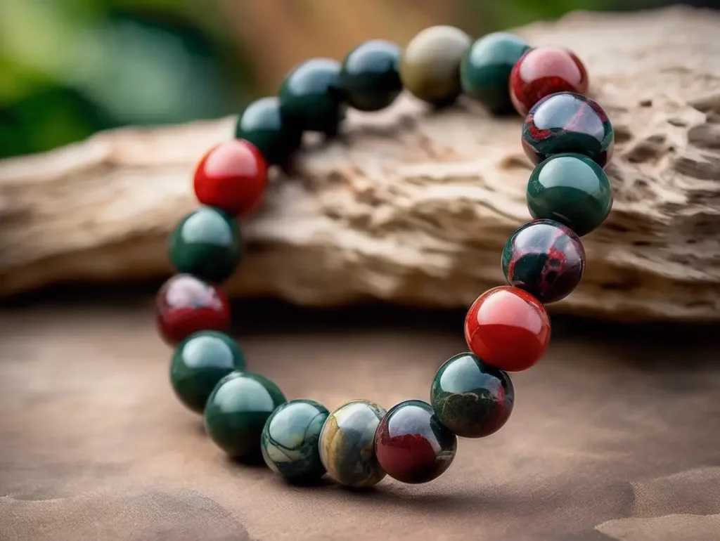 African Bloodstone beaded bracelet resting on a natural rock surface