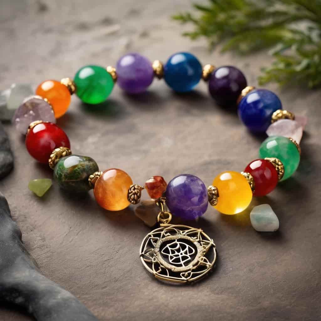 7 Chakra Bracelet Benefits – colorful chakra bracelet placed on ground with energy stones