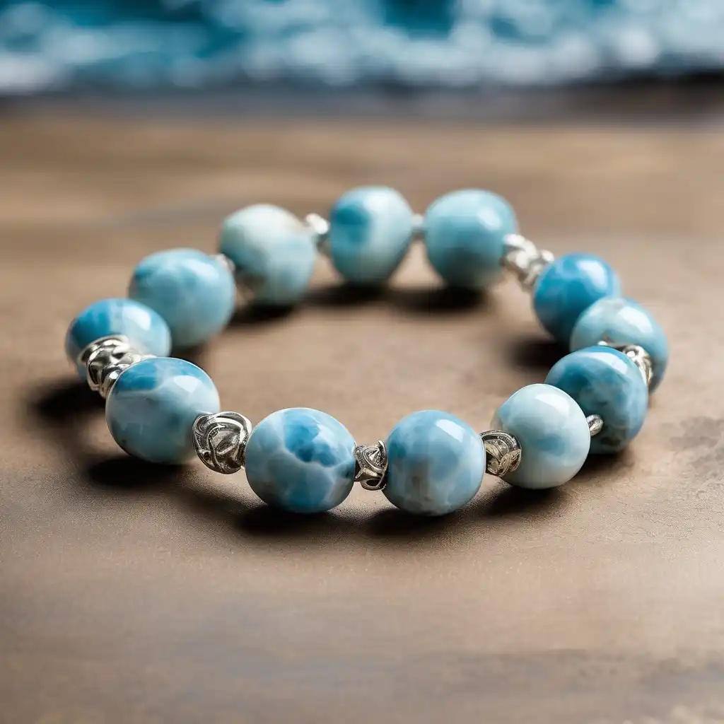Round larimar bracelet on wooden desk, representing larimar stone benefits