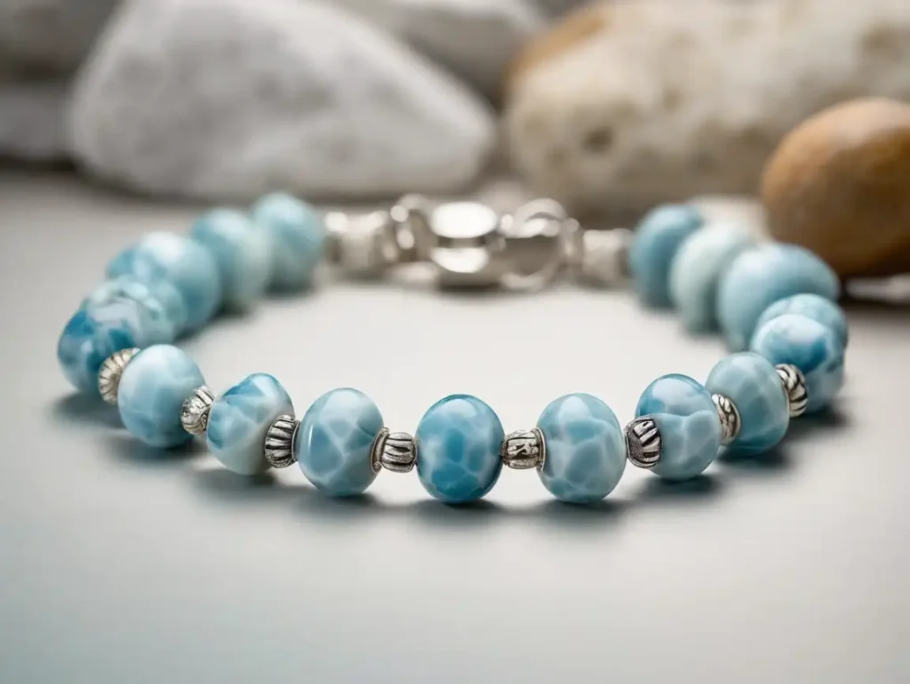 Handmade larimar stone bracelet with charm, highlighting larimar stone benefits