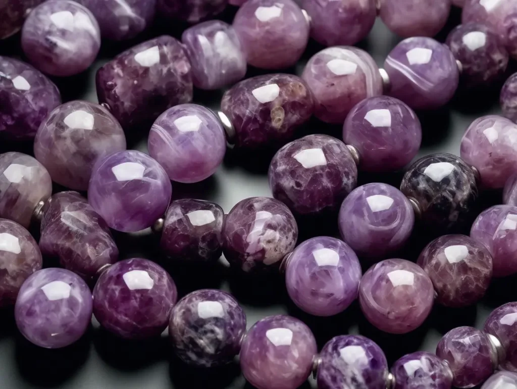 Cluster of Lepidolite gemstone beads reflecting peace – lepidolite stone meaning insights
