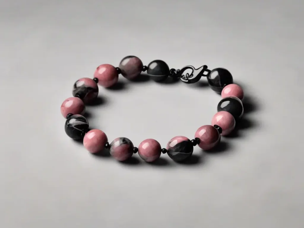 Rhodonite vs rhodochrosite beaded bracelet in black and pink tones