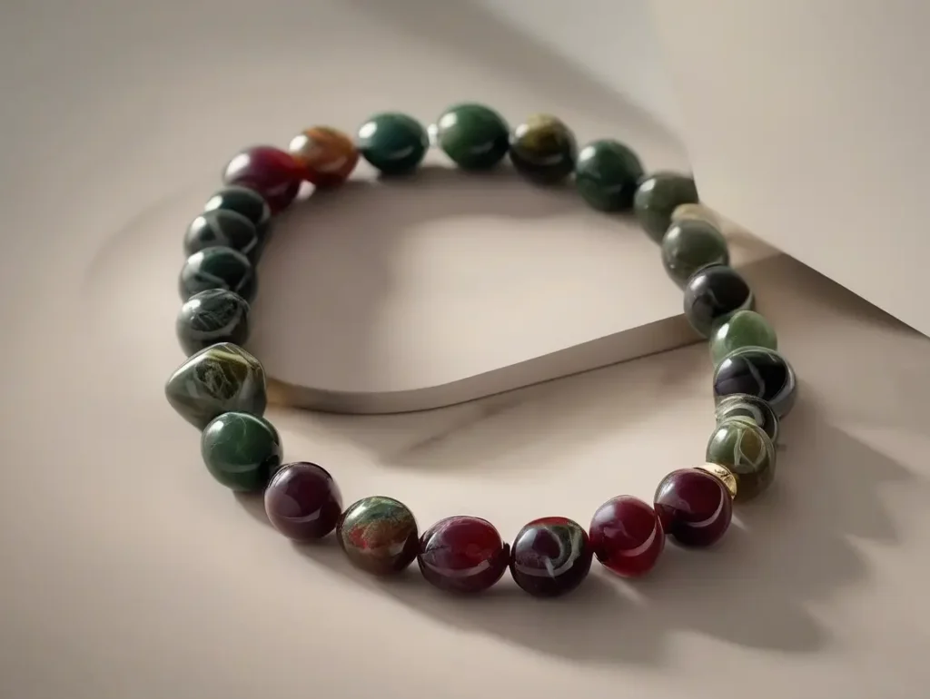 Simple elastic Dragon Bloodstone bracelet placed on white ceramic plate