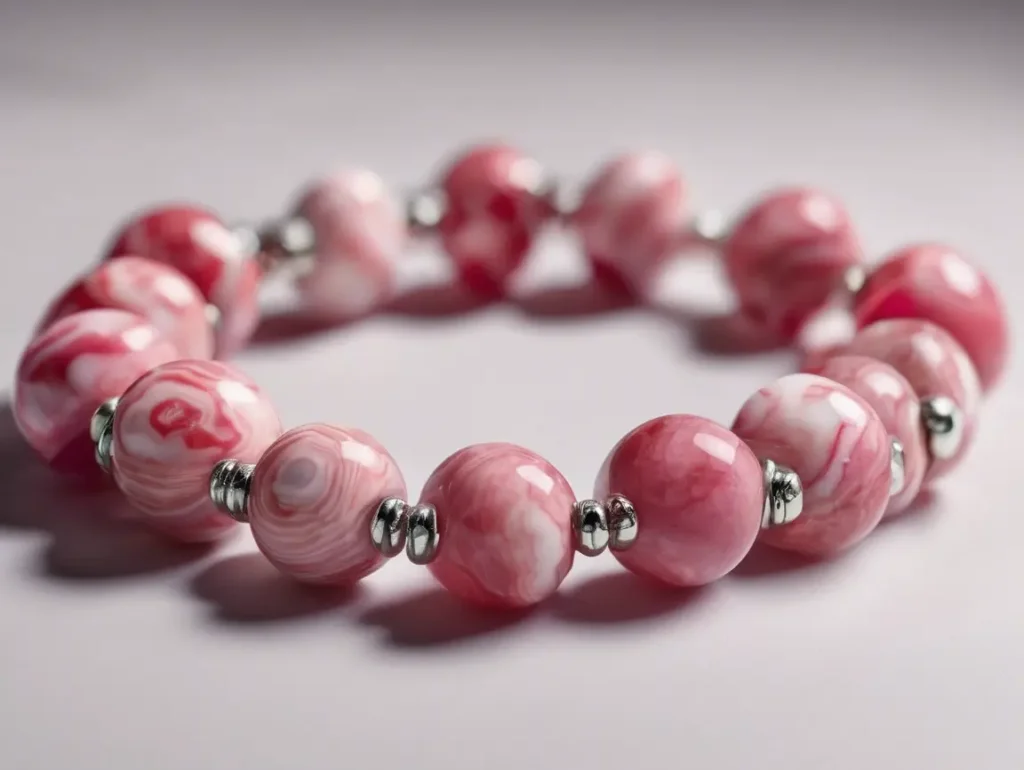Polished rhodochrosite bracelet compared to rhodonite beads