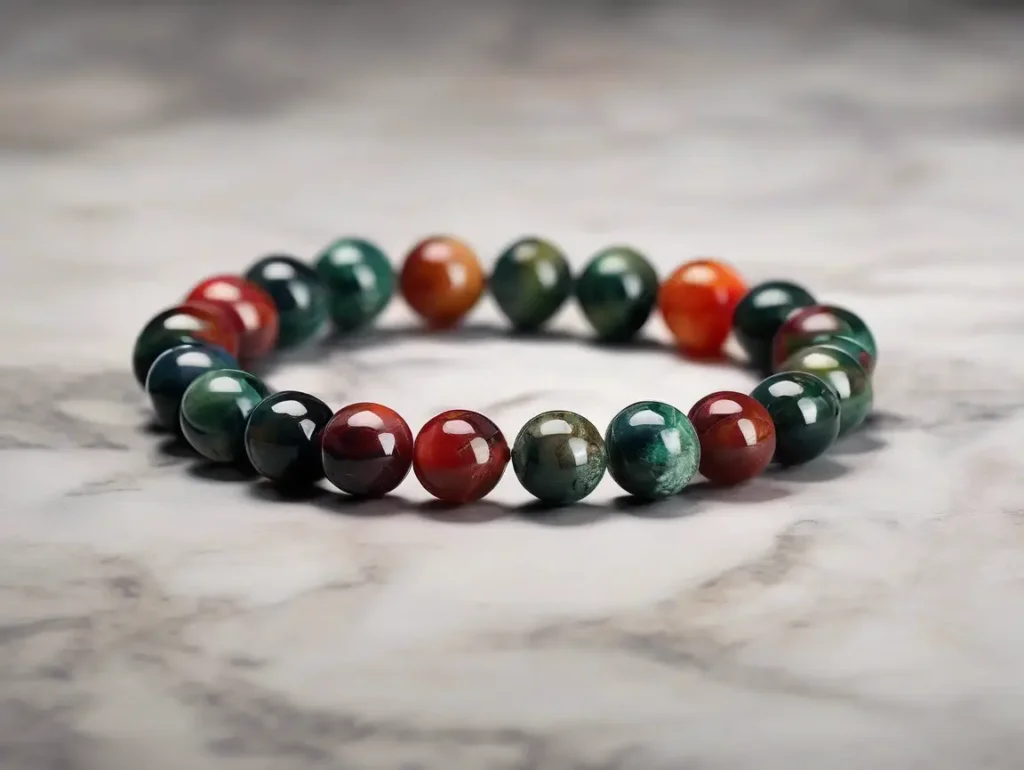 Handmade Dragon Bloodstone bracelet showcasing its vivid red and forest green tones