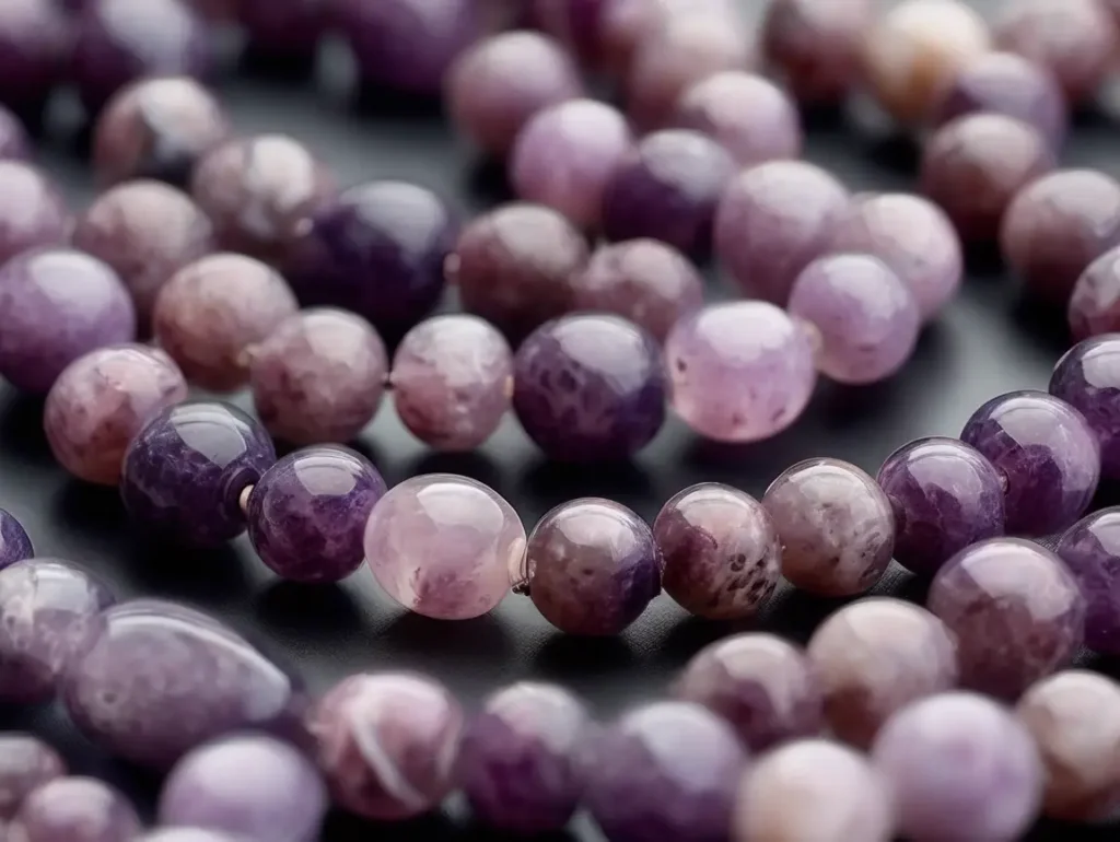 Close-up of Lepidolite beads showing healing power – lepidolite stone meaning explained
