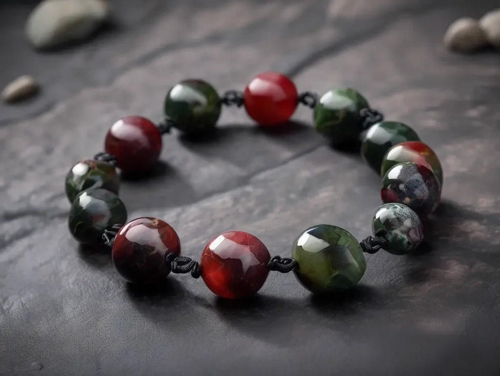 Close-up of Dragon Bloodstone healing bracelet with green and deep red beads on dark marble
