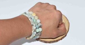 Natural Matte Amazonite Bracelet – calming green stone beads on display