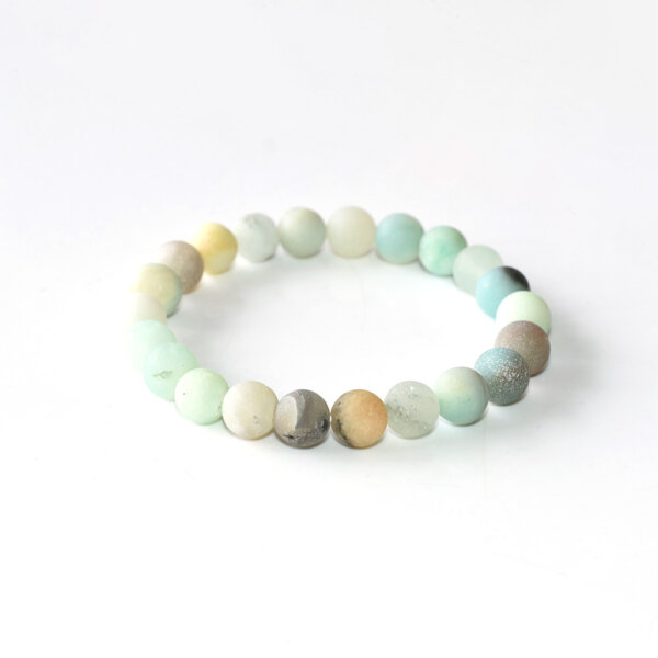 Matte Amazonite Bracelet displayed on wooden base – 8mm natural gemstone beads