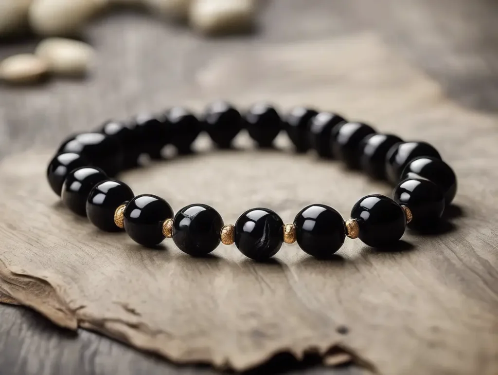 Polished black tourmaline bracelet benefits wearers with EMF shielding and emotional stability.