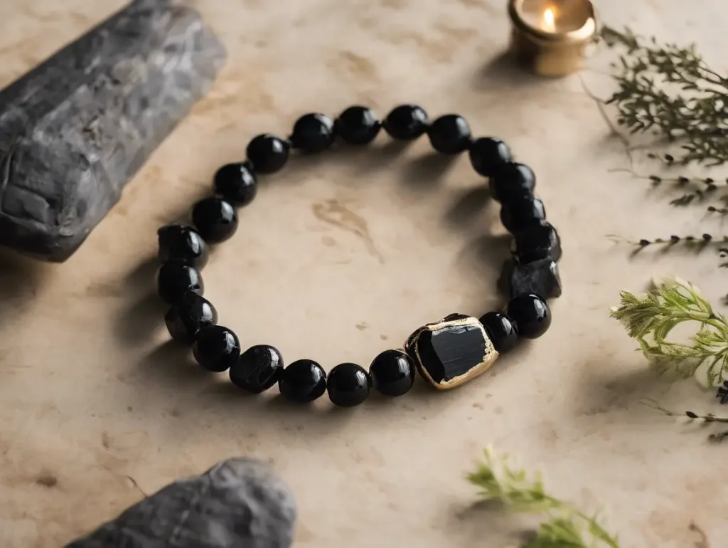 Black tourmaline bracelet benefits include grounding and protection, as shown in this natural crystal design with a square charm.
