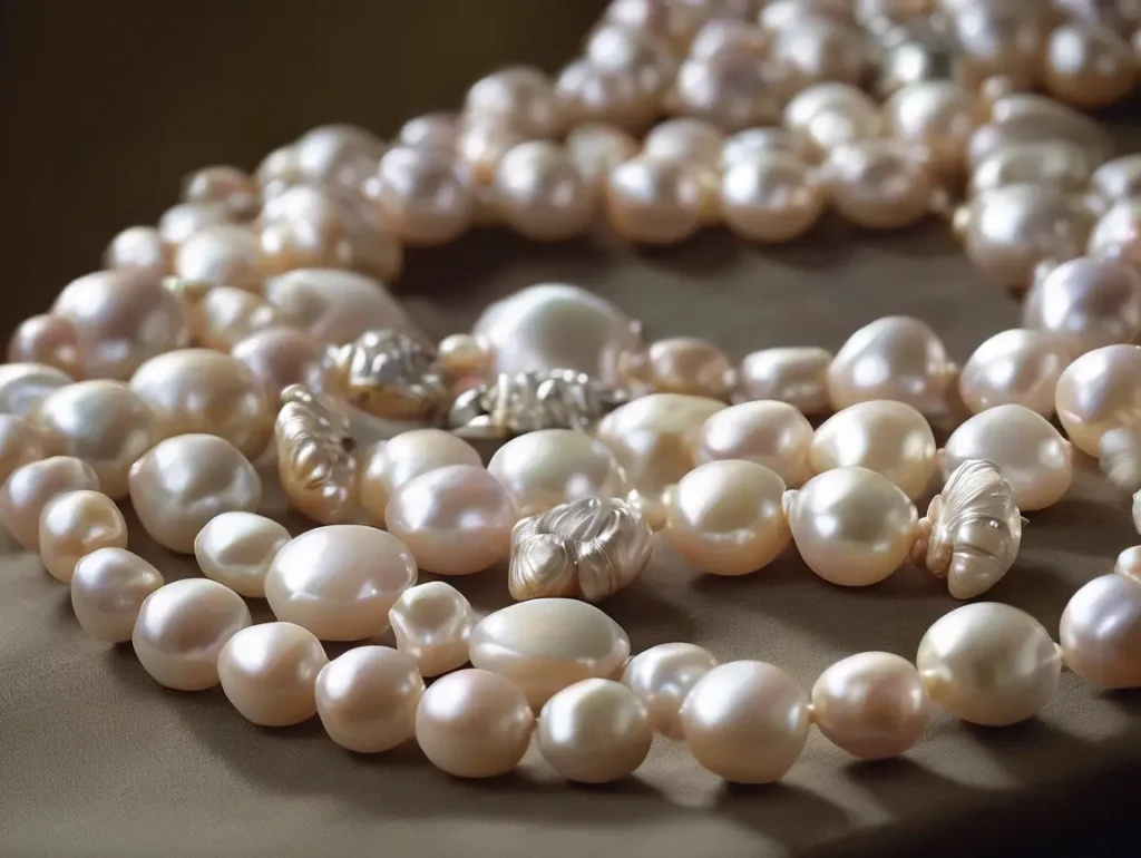 Close-up of coin pearl necklace showing natural luster and gold coin detail.