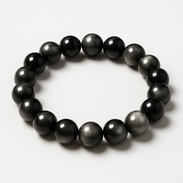 Close-up of Silver Obsidian Bracelet arranged in a circle on white background