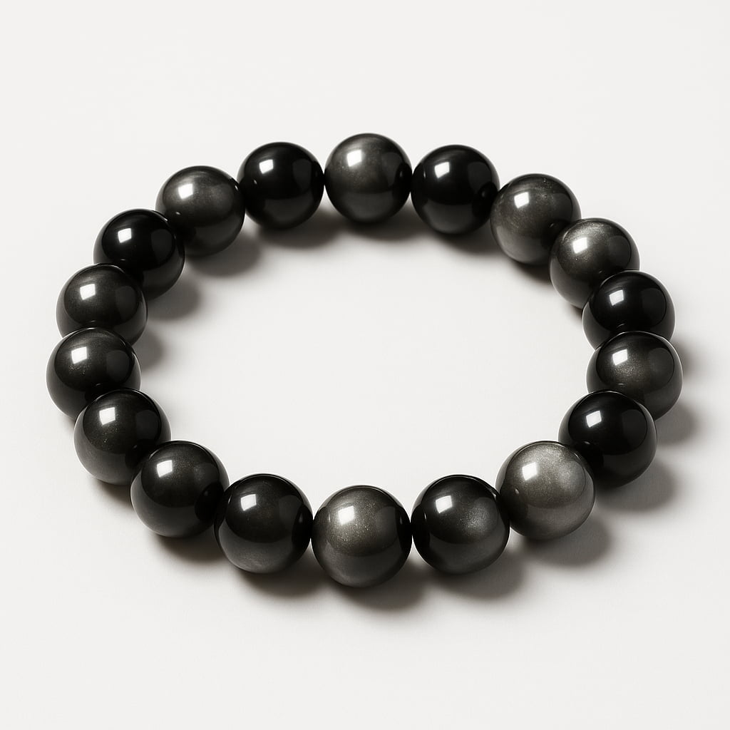 Close-up of Silver Obsidian Bracelet arranged in a circle on white background