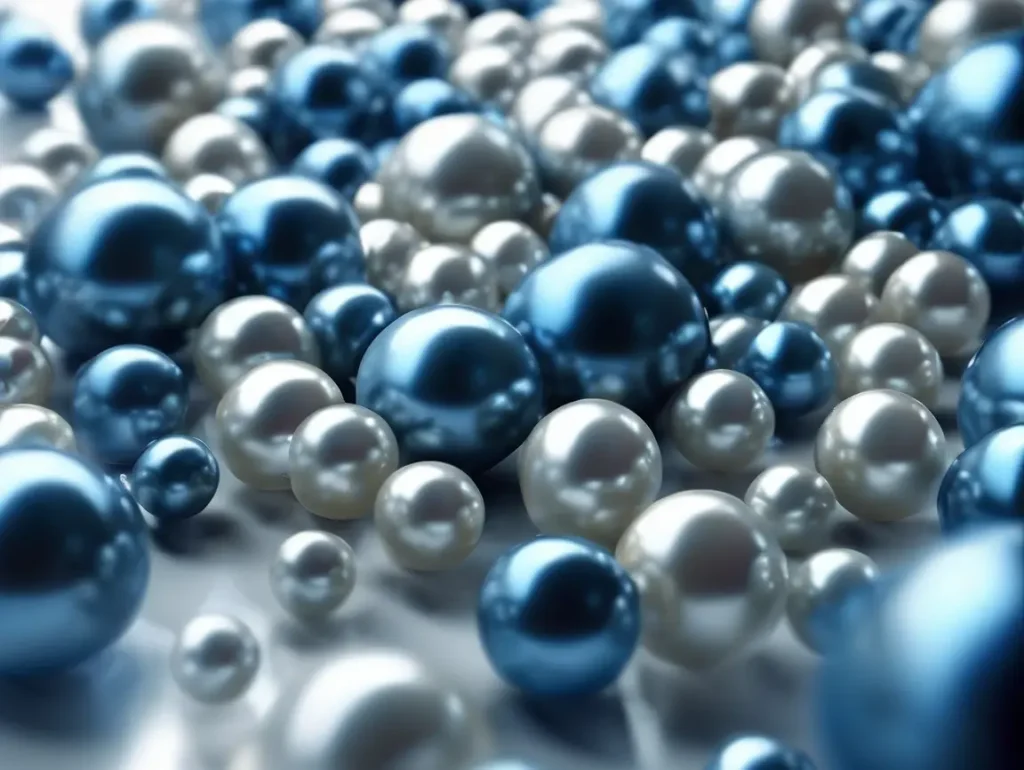 Close-up of shiny blue pearls and white pearls arranged in soft lighting