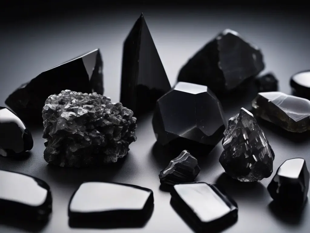Black obsidian and black tourmaline gemstone set displayed together, including both polished and rough crystal forms.