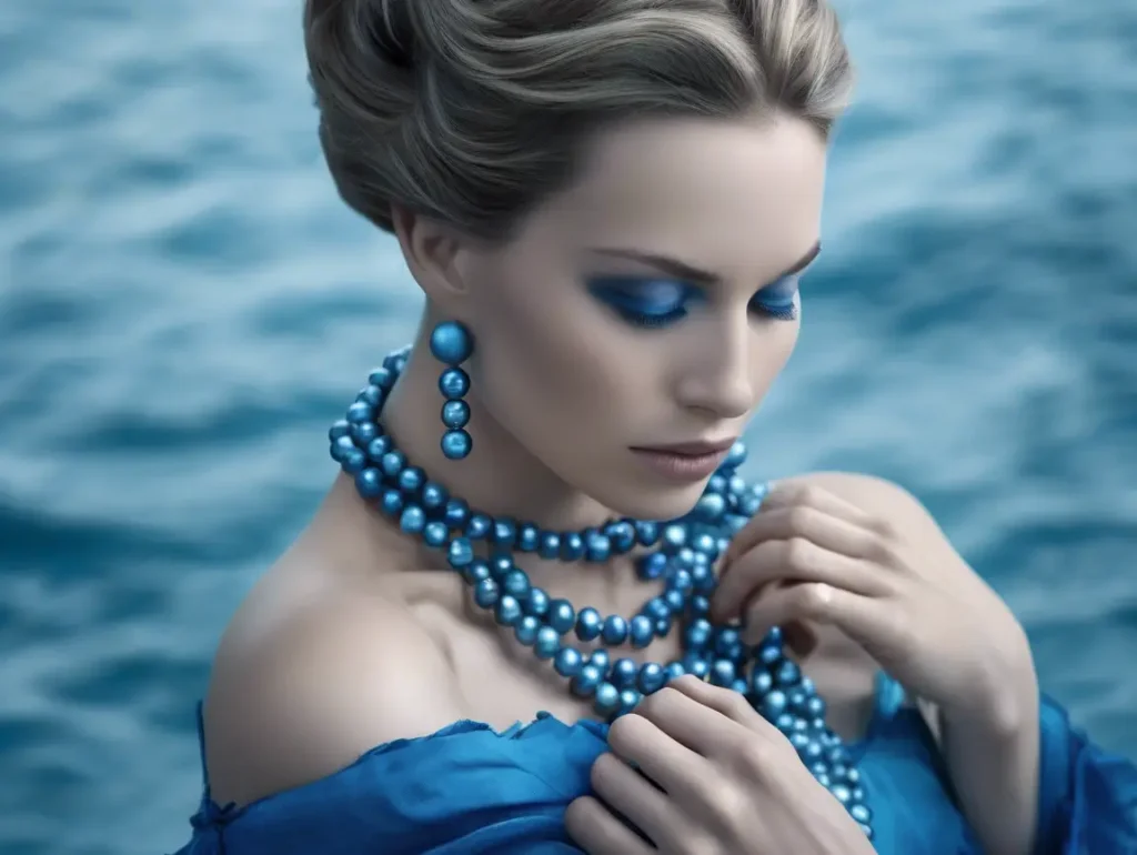 Model posing with layered blue pearls necklace in a glamorous setting