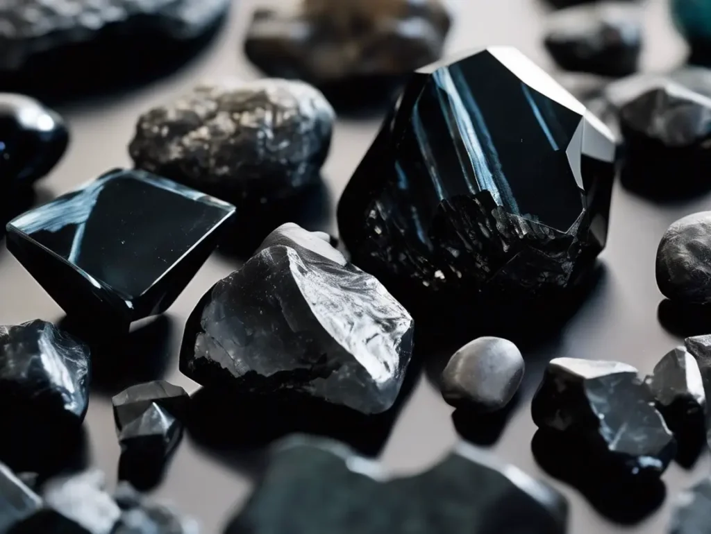 Close-up comparison of raw black obsidian and black tourmaline crystals on dark surface, showing texture and surface detail.