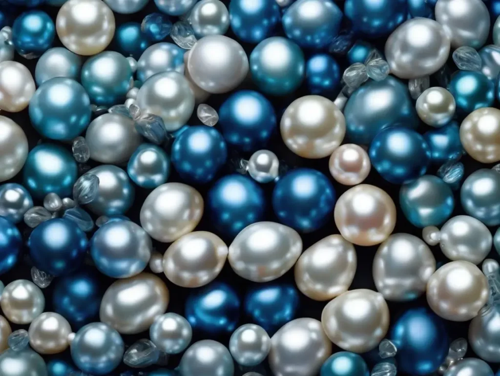 Blue pearls mixed with white pearls in a luxurious close-up view