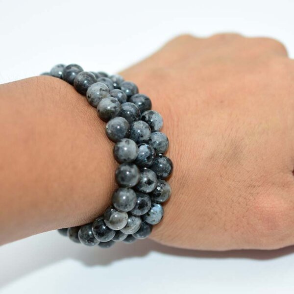 Larvikite Bracelet worn on wrist showing blue shimmer effect