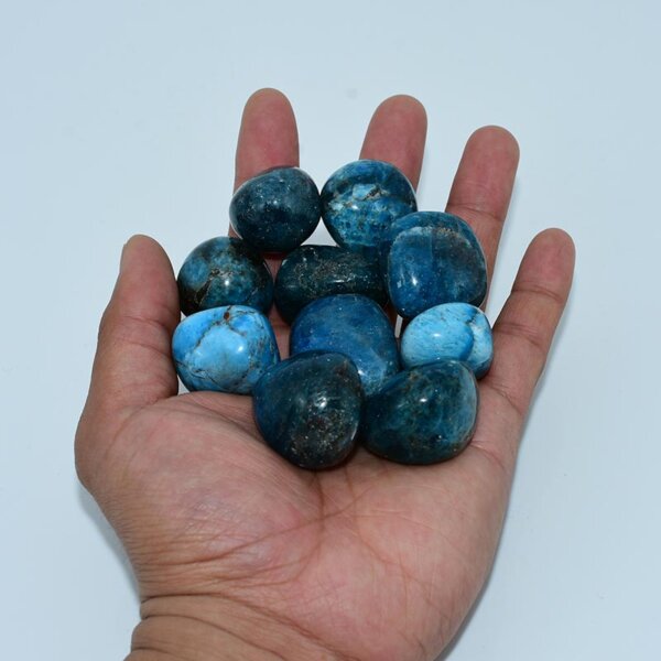 Hand holding multiple polished blue apatite tumbled stones