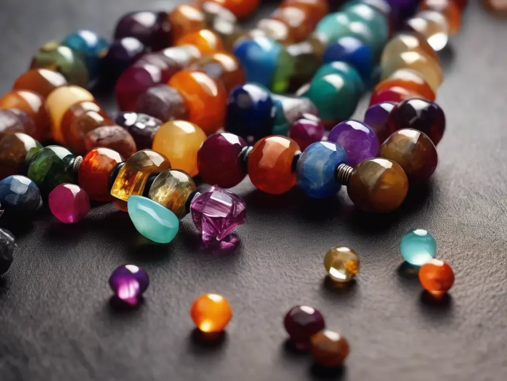 Assorted gemstone beads scattered on a dark surface, highlighting different shapes and sizes.