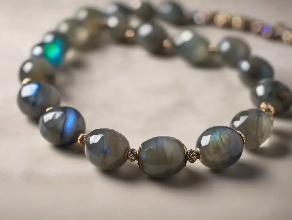 Close-up of faceted labradorite bead necklace showcasing blue and green flash