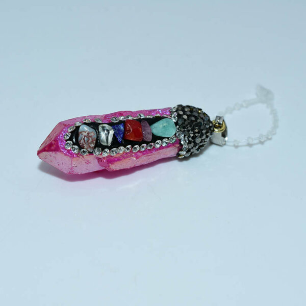 Magenta quartz pendant with energy stones and silver top