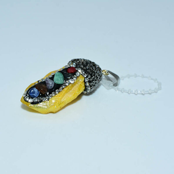 Yellow electroplated quartz pendant with chakra stones and rhinestones