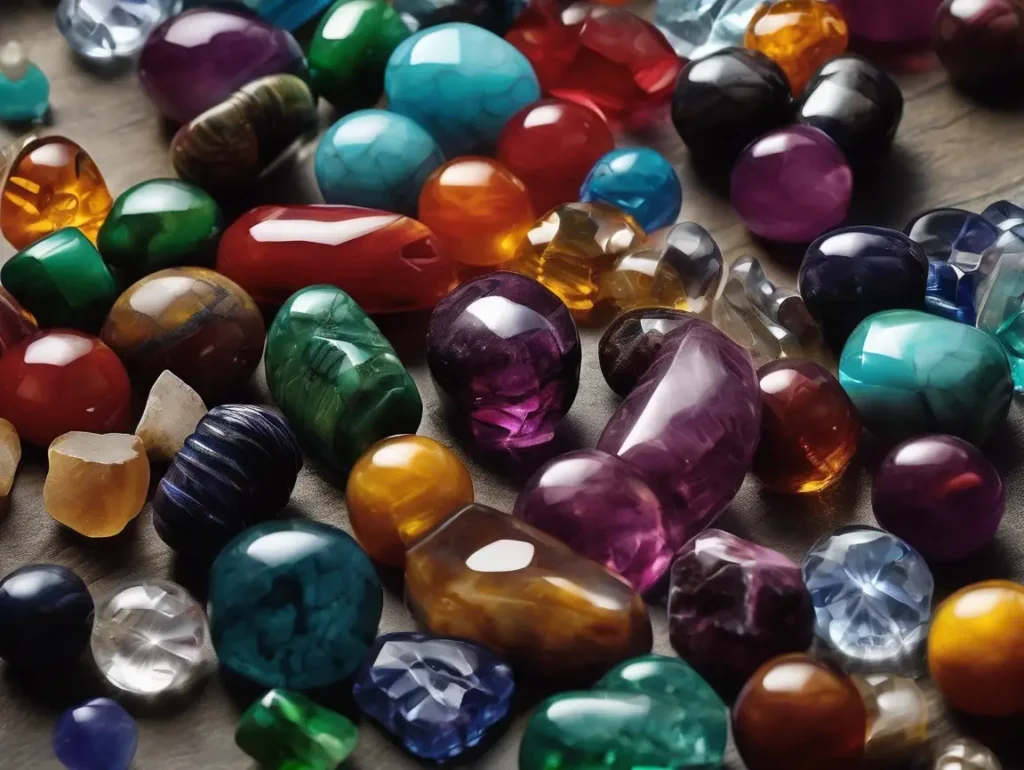 Colorful types of gemstone beads featuring polished red, green, turquoise, and purple stones.