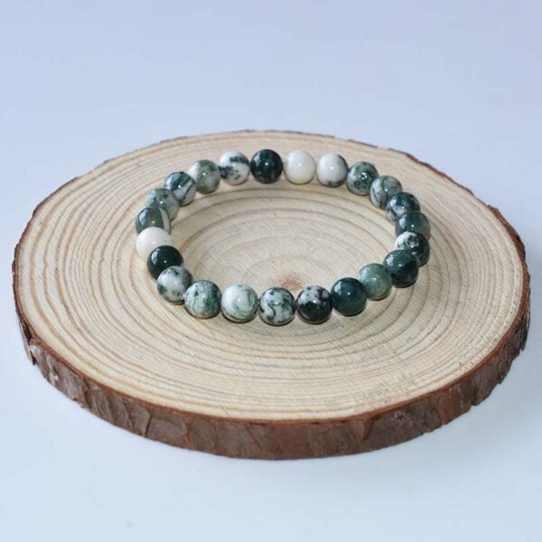 Tree Agate Bracelet with alternating white and green beads – top view