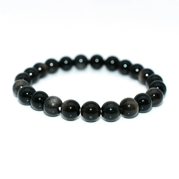Minimalistic shot of Silver Obsidian Bracelet with even bead spacing