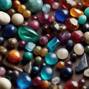 A close-up of various types of gemstone beads in mixed colors, including blue, white, brown, and purple tones.