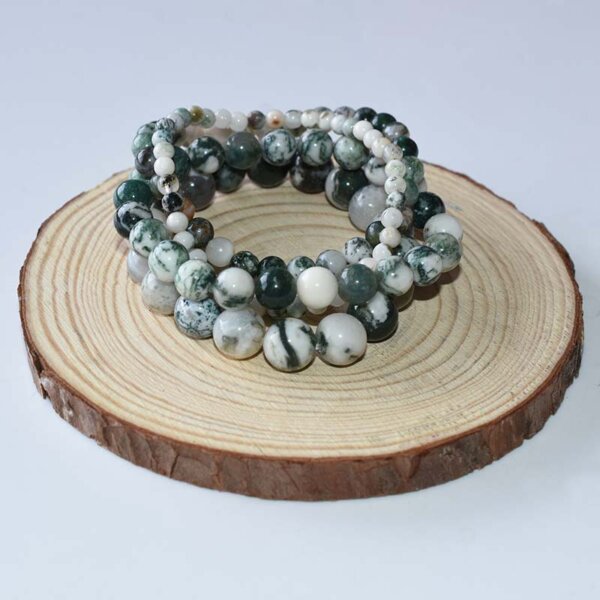 Double loop Tree Agate Bracelet on wood stand – natural stone display