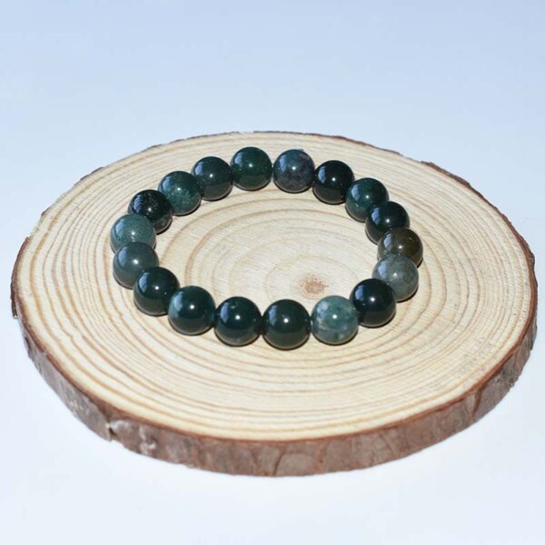 Large bead Moss Agate Bracelet – polished dark green crystal jewelry