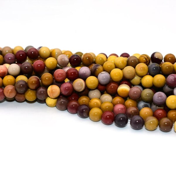 Close-up of round Mookaite Jasper beads for jewelry making
