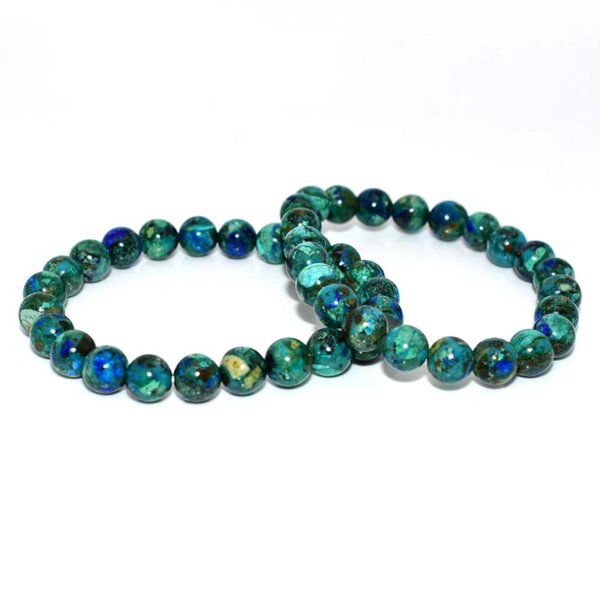 Azurite Bracelets in natural lighting, deep blue-green polished stones