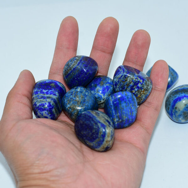 Hand holding multiple Lapis Lazuli Tumbled stones (20–30mm), showing size and color