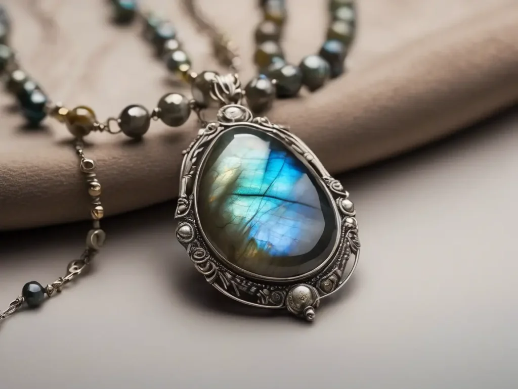 Vintage labradorite bead necklace with blue-flash pendant on wood surface