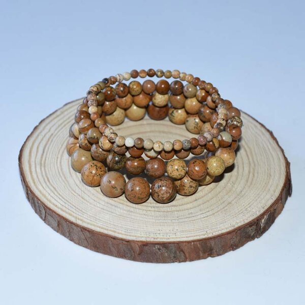 Multiple loop Picture Jasper Bracelet on wood base – handmade earthy stone jewelry