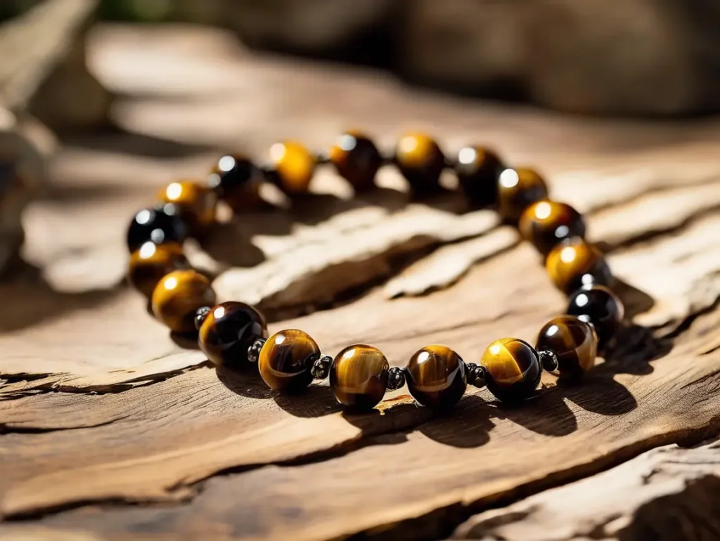 Natural tiger eye bracelet meaning placed on wooden surface with soft lighting