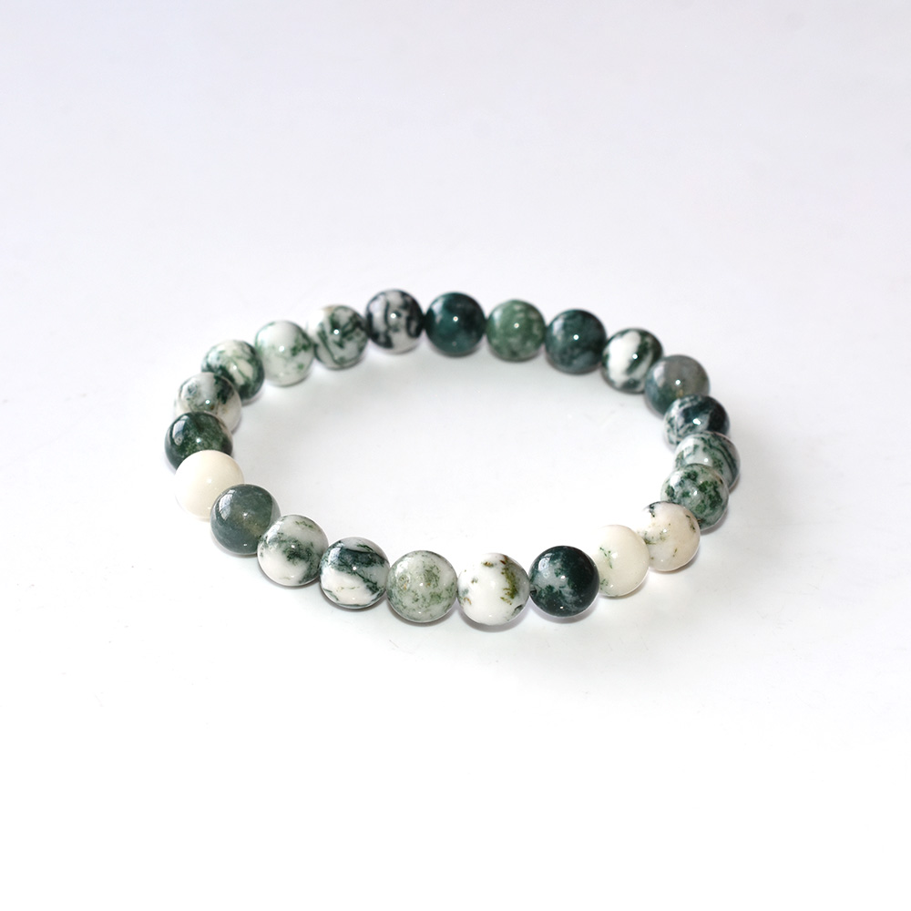 Tree Agate Bracelet with natural green and white beads on white background