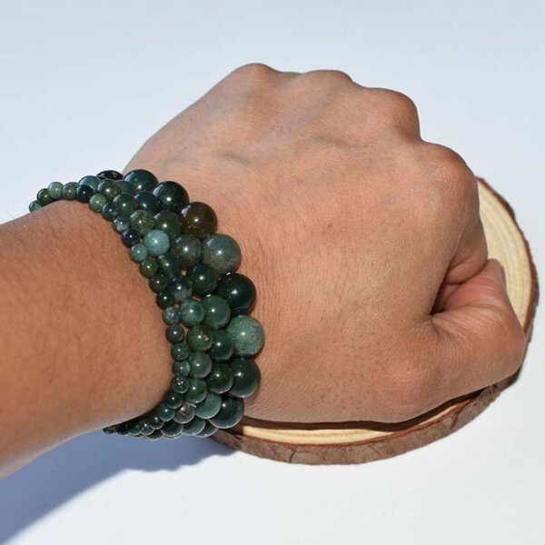 Moss Agate Bracelet worn on wrist – deep green grounding crystal beads