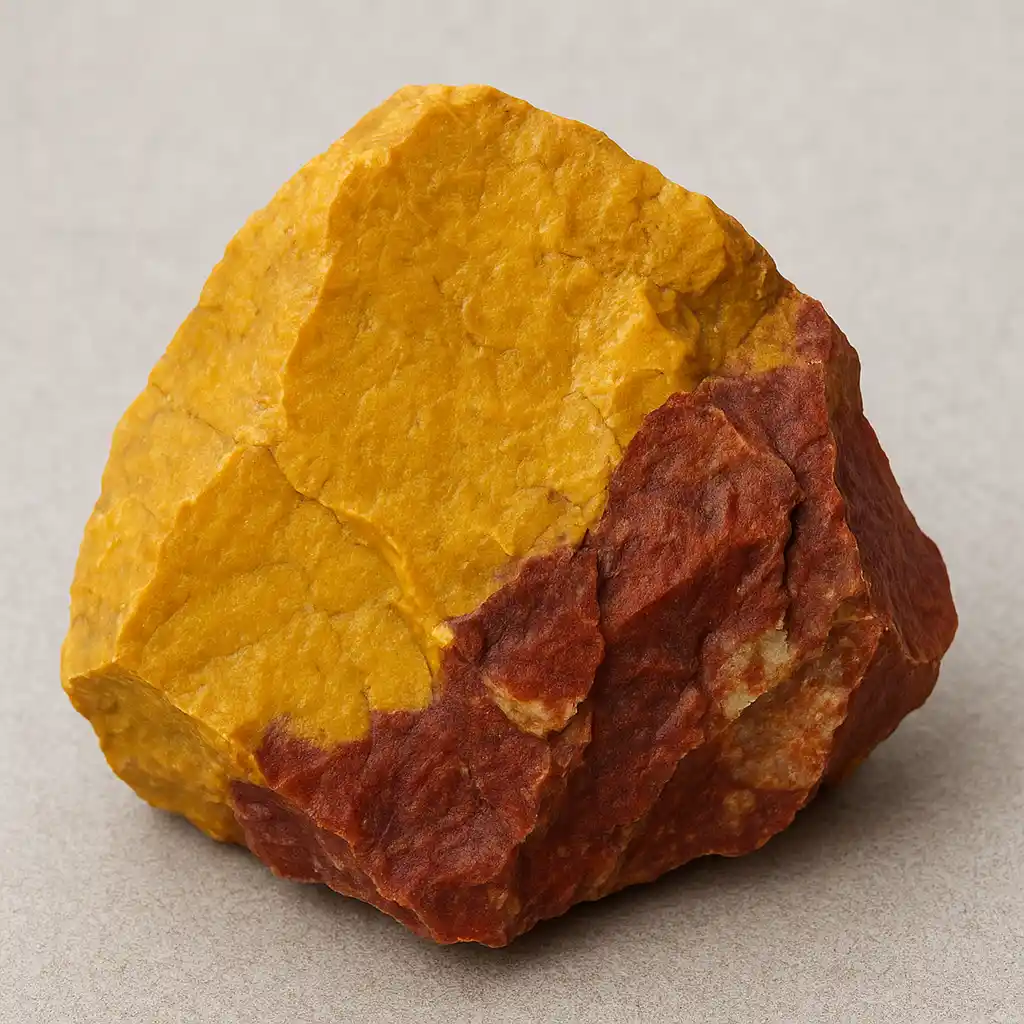 Mookaite Jasper Meaning – raw Mookaite Jasper specimen with bold yellow and deep red sections