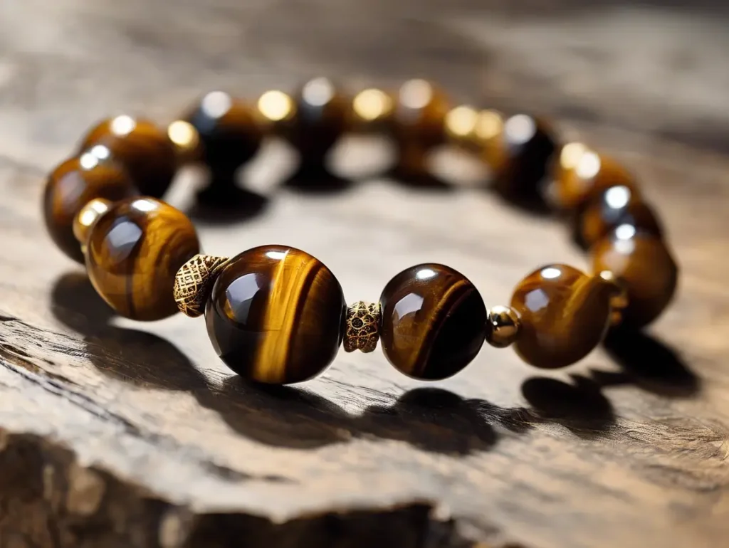 Close-up of tiger eye bracelet meaning showcasing golden brown stripes