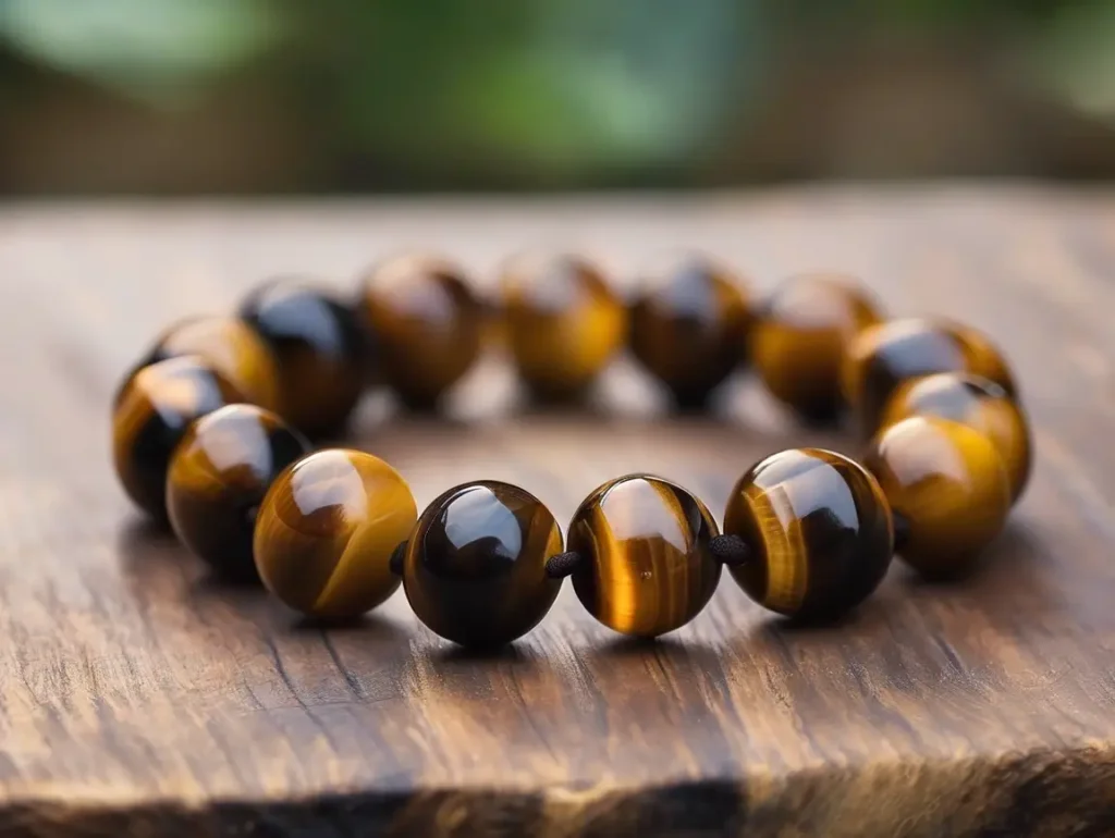 Tiger eye bracelet meaning with polished round beads on rustic wood background