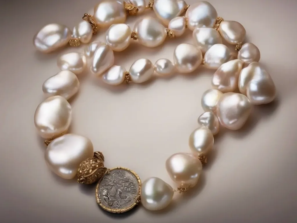 Flat-lay image of coin pearl necklace with white background, highlighting pearl texture and pendant design.