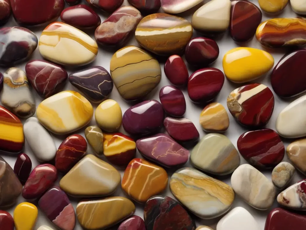 Tumbled gemstones reflecting the Mookaite Jasper meaning in vibrant earthy tones